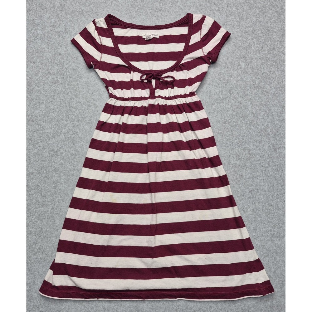 Aeropostale Dress Womens Size XS Maroon White Striped Cap Sleeve Tie Front
